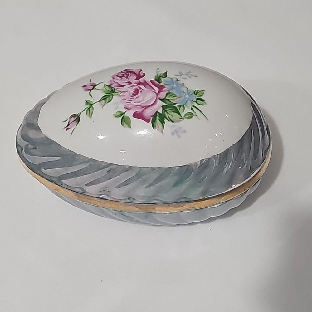 Vintage Norleans Japan Porcelain Egg Shaped Trinket Box Lusterware Floral